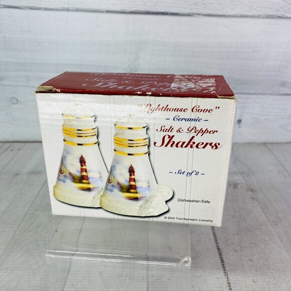 2004 Giftco Trad Applejack LIGHTHOUSE COVE Ceramic Salt & Pepper Shakers NEW - Picture 11 of 15